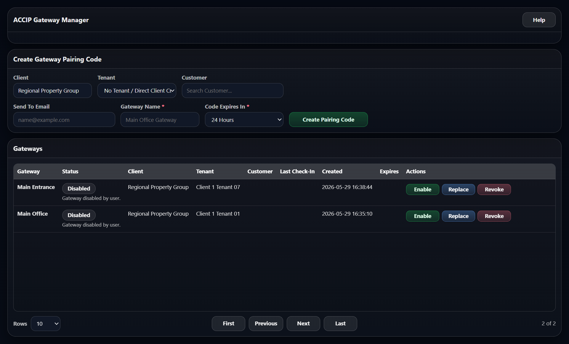 ACCIP Gateway Manager pairing code and Gateway administration screen